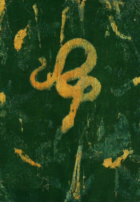 A golden snake amidst various shades of textured dark greens.